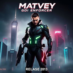 A dramatic movie poster featuring the character Matvey_GDI, an intense and resolute hero in a futuristic cityscape