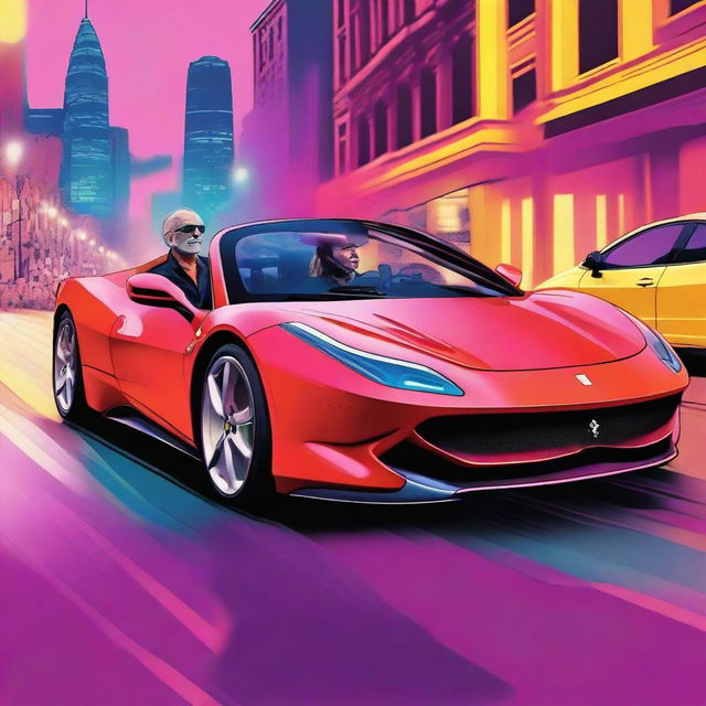 A high-quality digital art piece capturing a 55-year-old mysterious man and a 33-year-old lady in a pleasant mood, sitting inside a Ferrari