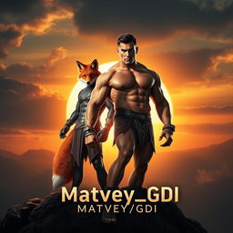 An epic movie poster featuring a very muscular man with a chiseled physique and a fox-guy character, both standing heroically