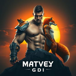 An epic movie poster featuring a very muscular man with a chiseled physique and a fox-guy character, both standing heroically