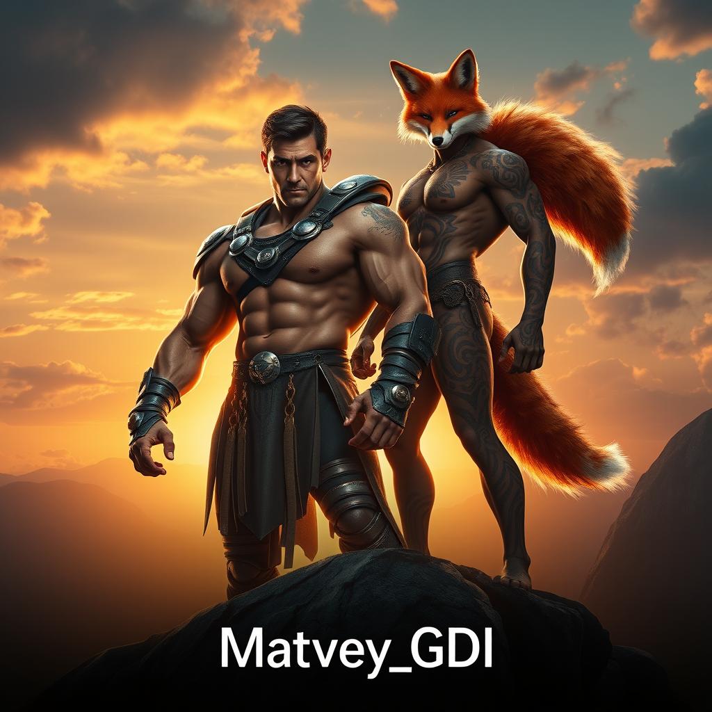 An epic movie poster featuring a very muscular man with a chiseled physique and a fox-guy character, both standing heroically