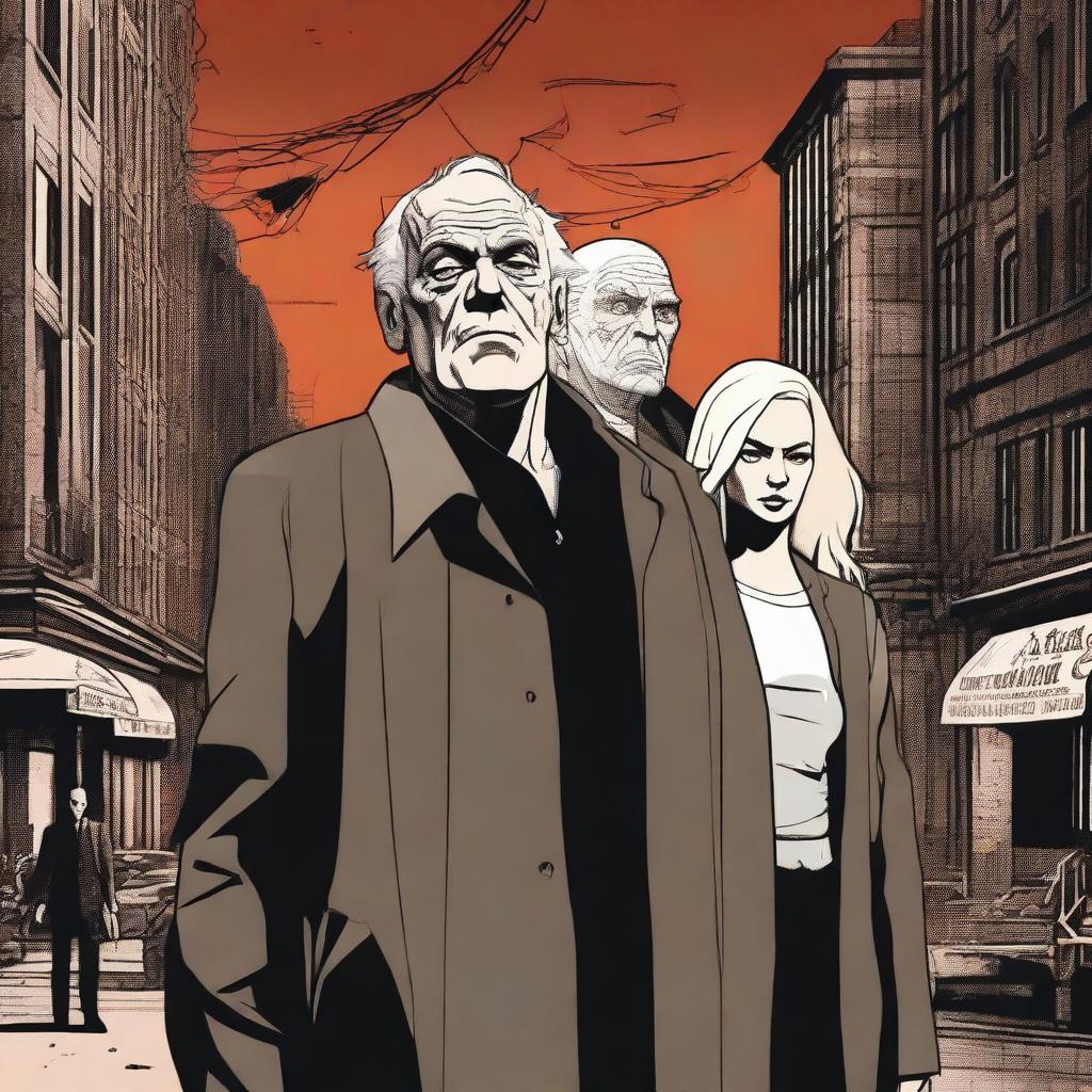 A high-quality digital art piece showcasing a sinister triad of villains: a 60-year-old man, his 26-year-old son, and a 70-year-old blonde lady, all deeply entangled in the city's web of crimes