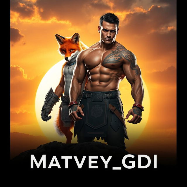 An epic movie poster featuring a very muscular man with a chiseled physique and a fox-guy character, both standing heroically