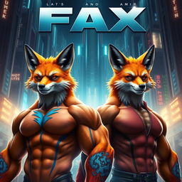 An epic movie poster featuring two extremely muscular fox men named Fax and Amir