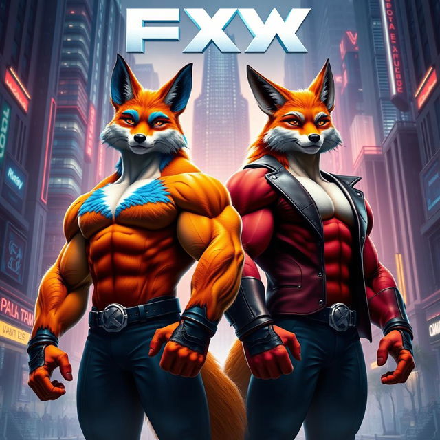 An epic movie poster featuring two extremely muscular fox men named Fax and Amir