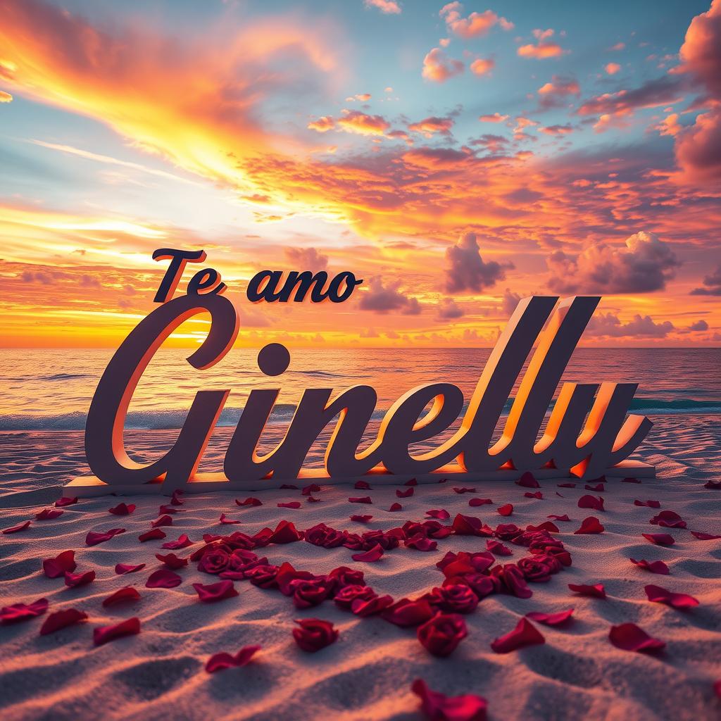 A romantic beach scene with a large sign that says "Te amo Ginelly" written in beautiful cursive letters