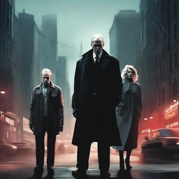 A high-quality digital art piece showcasing a sinister triad of villains: a 60-year-old man, his 26-year-old son, and a 70-year-old blonde lady, all deeply entangled in the city's web of crimes