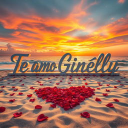 A romantic beach scene with a large sign that says "Te amo Ginelly" written in beautiful cursive letters