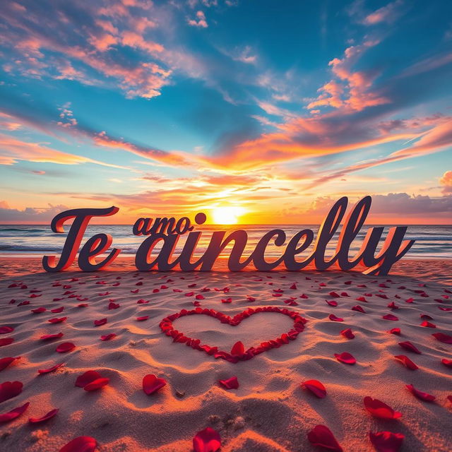 A romantic beach scene with a large sign that says "Te amo Ginelly" written in beautiful cursive letters