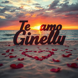 A romantic beach scene with a large sign that says "Te amo Ginelly" written in beautiful cursive letters