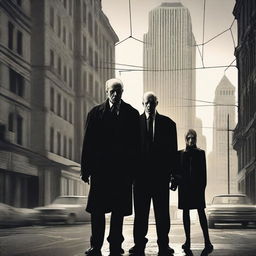 A high-quality digital art piece showcasing a sinister triad of villains: a 60-year-old man, his 26-year-old son, and a 70-year-old blonde lady, all deeply entangled in the city's web of crimes