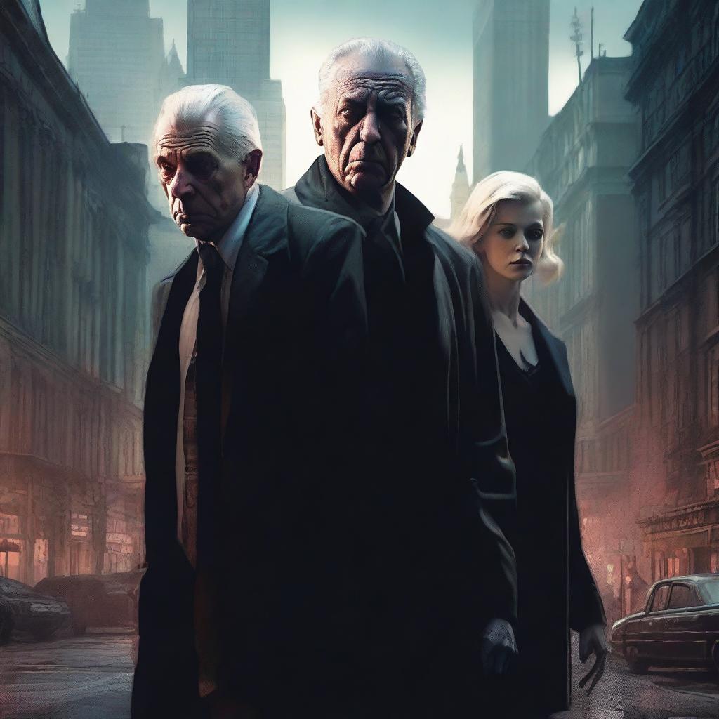 A high-quality digital art piece showcasing a sinister triad of villains: a 60-year-old man, his 26-year-old son, and a 70-year-old blonde lady, all deeply entangled in the city's web of crimes