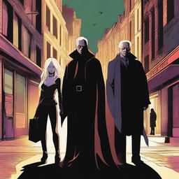 A high-quality digital art piece featuring a trio of villains: a 27-year-old young man, a 70-year-old sinister blonde lady, and a 50-year-old man