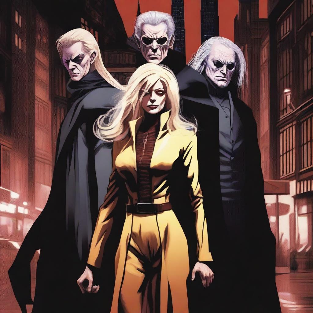 A high-quality digital art piece featuring a trio of villains: a 27-year-old young man, a 70-year-old sinister blonde lady, and a 50-year-old man