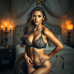 An alluring woman in elegant lingerie, posing confidently with a sultry expression