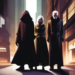 A high-quality digital art piece featuring a trio of villains: a 27-year-old young man, a 70-year-old sinister blonde lady, and a 50-year-old man