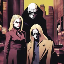 A high-quality digital art piece featuring a trio of villains: a 27-year-old young man, a 70-year-old sinister blonde lady, and a 50-year-old man