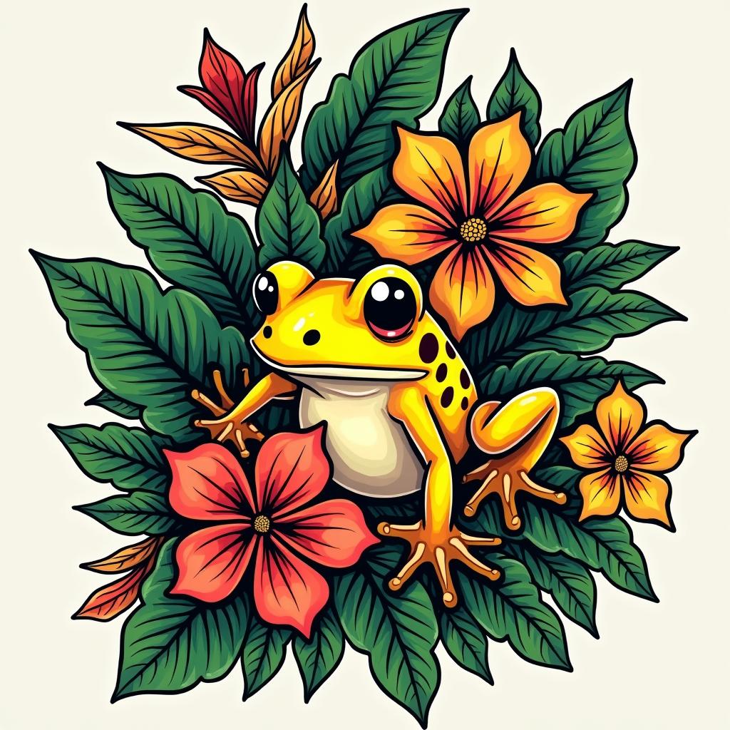 A traditional style tattoo design featuring a vibrant pacman frog nestled among lush green leaves and colorful flowers