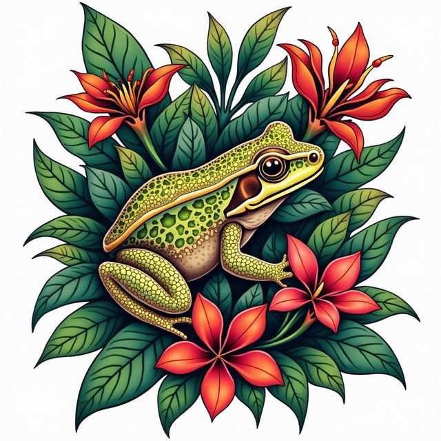 A traditional style tattoo design featuring a South American horned frog nestled among lush green leaves and vibrant flowers