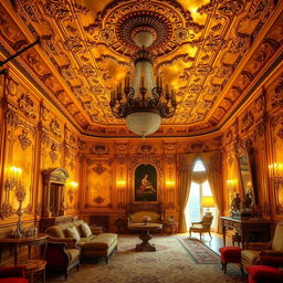 A breathtakingly detailed depiction of the reconstructed Amber Room located in Russia, showcasing its famous amber panels, intricate gilded decorations, and ornate furnishings