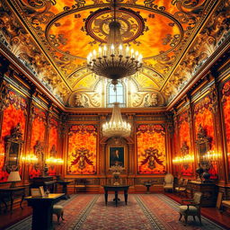 A breathtakingly detailed depiction of the reconstructed Amber Room located in Russia, showcasing its famous amber panels, intricate gilded decorations, and ornate furnishings