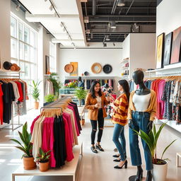 A stylish, modern clothing store interior, showcasing a vibrant collection of trendy outfits and accessories