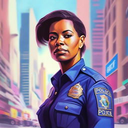 A high-quality digital art piece depicting a 34-year-old female police commissioner