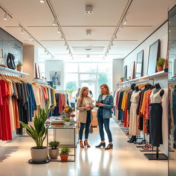A stylish, modern clothing store interior, showcasing a vibrant collection of trendy outfits and accessories