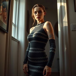 A stunningly realistic photo of a beautiful, thin dominatrix with large fake breasts confidently standing in a doorway