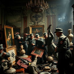 A dramatic and poignant historical scene depicting Nazi soldiers looting treasures from a grand historical location during World War II