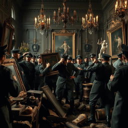 A dramatic and poignant historical scene depicting Nazi soldiers looting treasures from a grand historical location during World War II