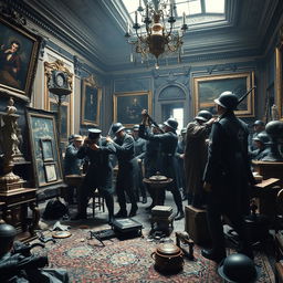 A dramatic and poignant historical scene depicting Nazi soldiers looting treasures from a grand historical location during World War II