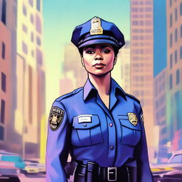 A high-quality digital art piece depicting a 34-year-old female police commissioner