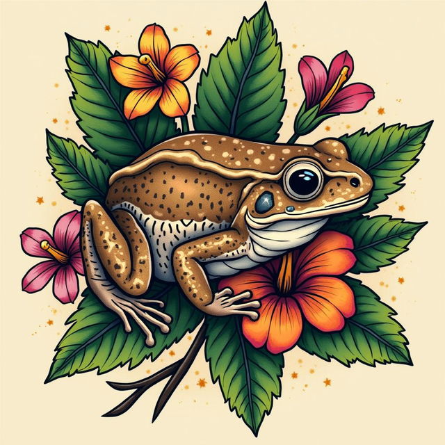 A traditional tattoo design featuring a ceratophrys frog nestled among vibrant tropical leaves and colorful flowers