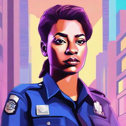 A high-quality digital art piece depicting a 34-year-old female police commissioner