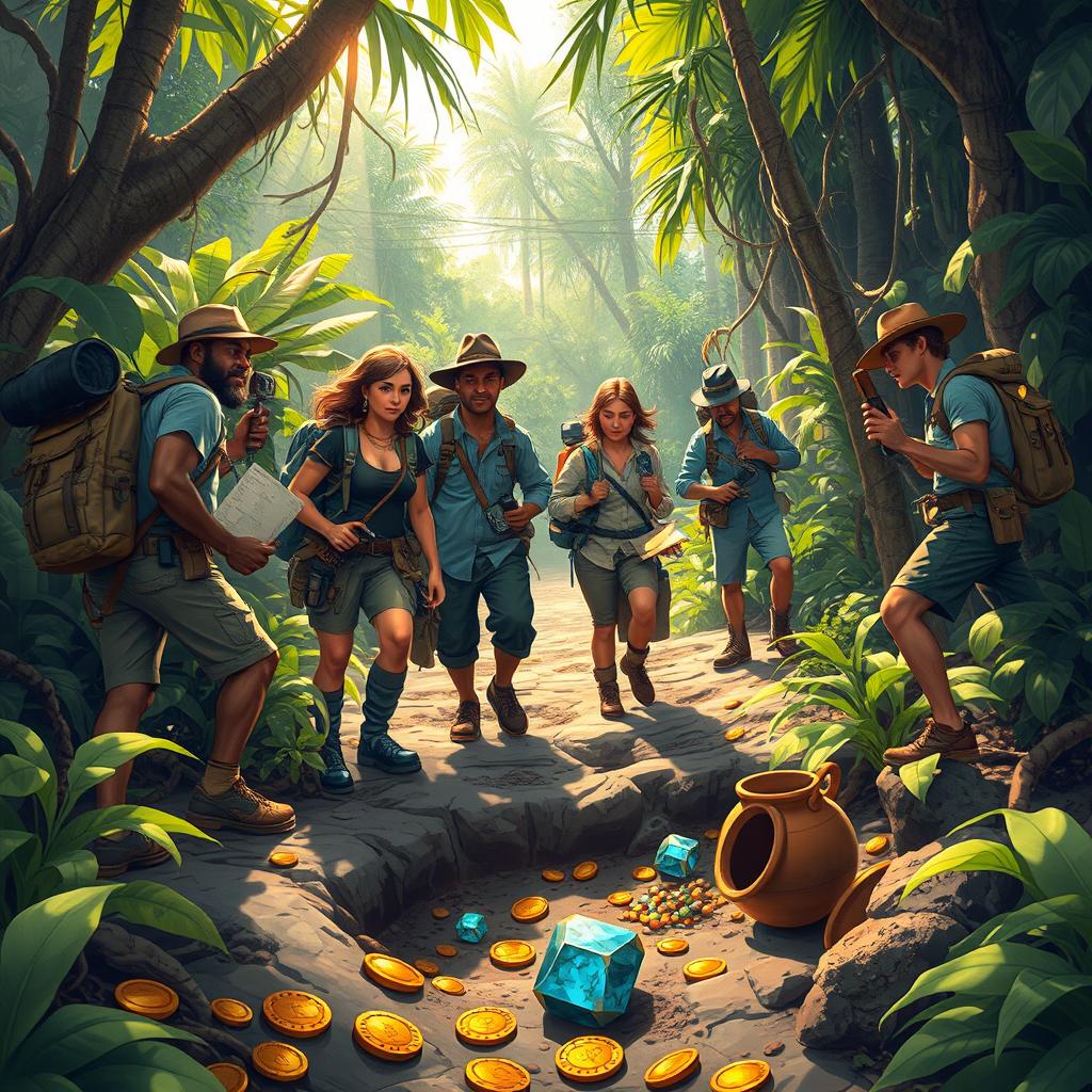 An adventurous scene depicting treasure hunters in a lush jungle or an ancient ruin