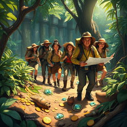 An adventurous scene depicting treasure hunters in a lush jungle or an ancient ruin