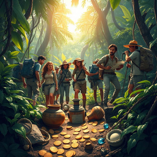 An adventurous scene depicting treasure hunters in a lush jungle or an ancient ruin