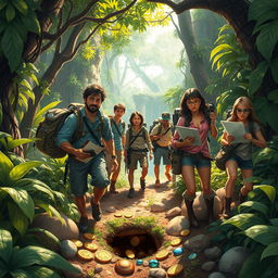An adventurous scene depicting treasure hunters in a lush jungle or an ancient ruin