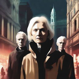 A high-quality digital art piece vividly illustrating a sinister triad: a 70-year-old blonde lady, a young man, and a middle-aged man