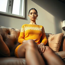 A strikingly realistic photo of a beautiful, thin dominatrix with large fake breasts, sitting confidently on a posh sofa