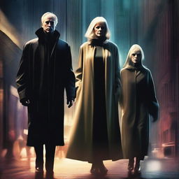 A high-quality digital art piece vividly illustrating a sinister triad: a 70-year-old blonde lady, a young man, and a middle-aged man