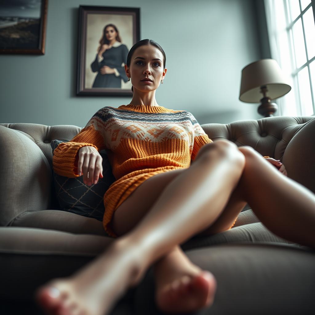 A strikingly realistic photo of a beautiful, thin dominatrix with large fake breasts, confidently sitting with her legs spread on a luxurious posh sofa