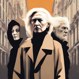 A high-quality digital art piece vividly illustrating a sinister triad: a 70-year-old blonde lady, a 26-year-old young man, and a 50-year-old middle-aged man