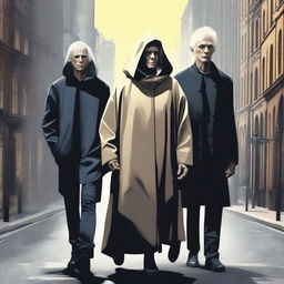 A high-quality digital art piece vividly illustrating a sinister triad: a 70-year-old blonde lady, a 26-year-old young man, and a 50-year-old middle-aged man