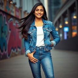 A beautiful Pakistani girl wearing a stylish blue denim jacket and tight blue denim jeans, standing confidently in an urban setting