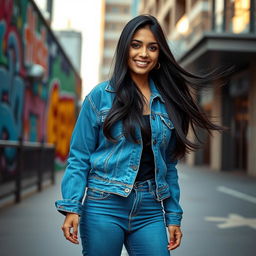 A beautiful Pakistani girl wearing a stylish blue denim jacket and tight blue denim jeans, standing confidently in an urban setting