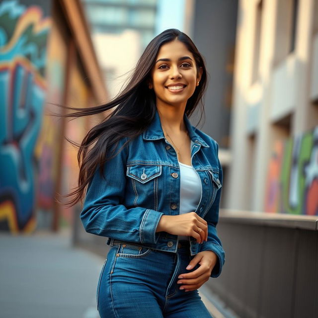 A beautiful Pakistani girl wearing a stylish blue denim jacket and tight blue denim jeans, standing confidently in an urban setting