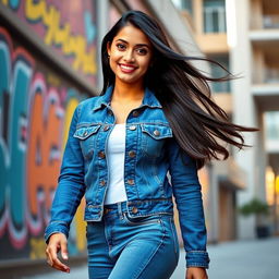 A beautiful Pakistani girl wearing a stylish blue denim jacket and tight blue denim jeans, standing confidently in an urban setting