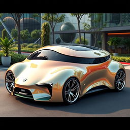 A futuristic concept car design that embodies ecology and innovation, featuring a curvy, round, and sleek body that exudes a sensual appeal